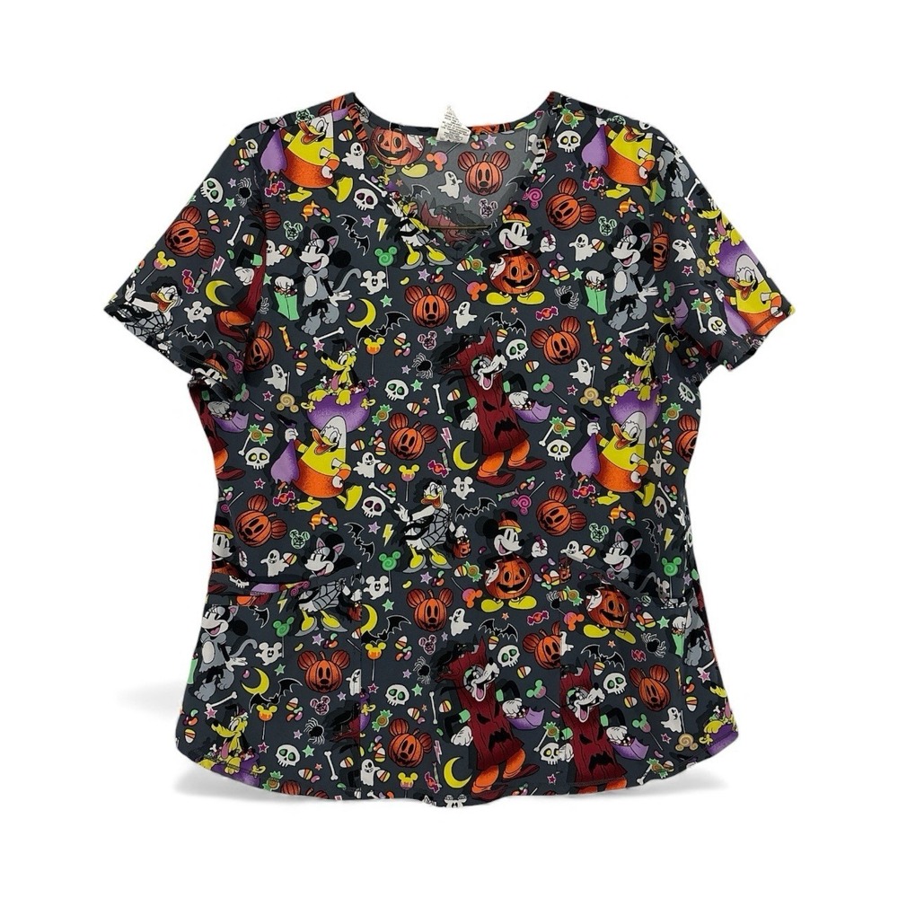 Disney Mickey Mouse and‎ Friends Candy Fun Women's V-Neck Scrub Top LARGE